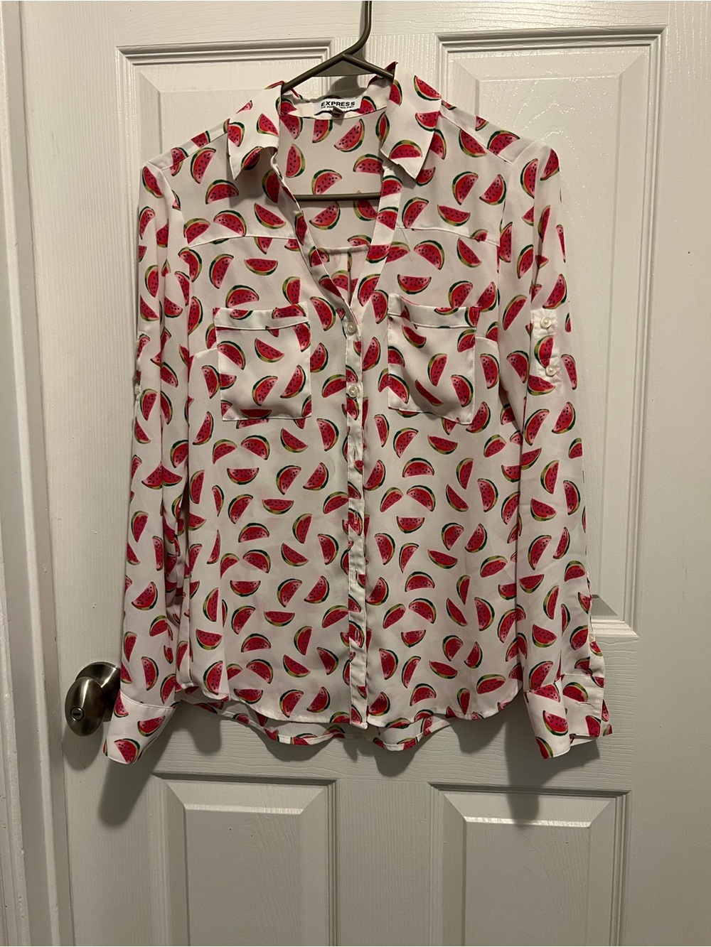 Express Women's White Button-Down Shirt with Pink Watermelon Print